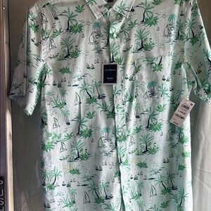 White Short-Sleeved Shirt with Green Nature Print
